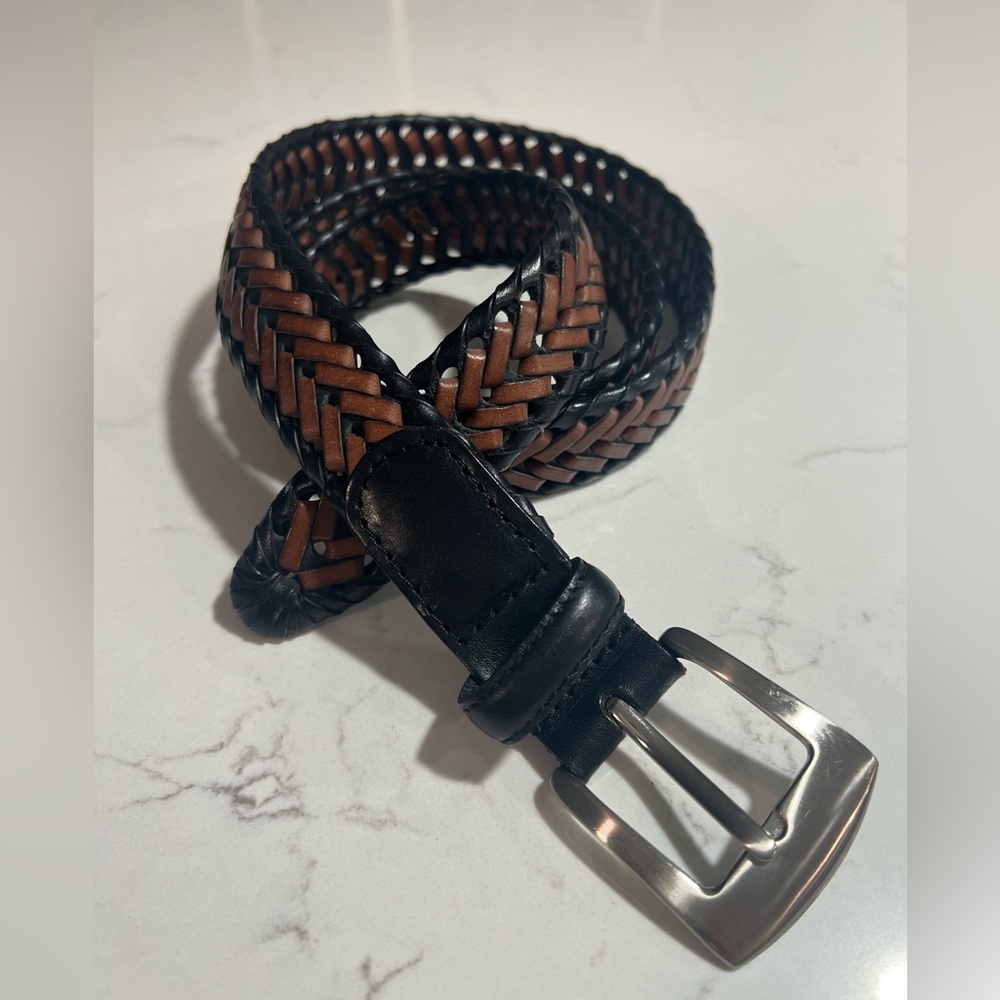 Men’s Braided Genuine Leather Belt Two Tone Brown & Black Size 38 Silver Buckle